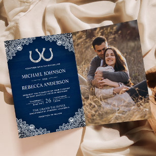 Marineblaue Hufeisen-Spitzen-Foto-QR-Code-Hochzeit Einladung