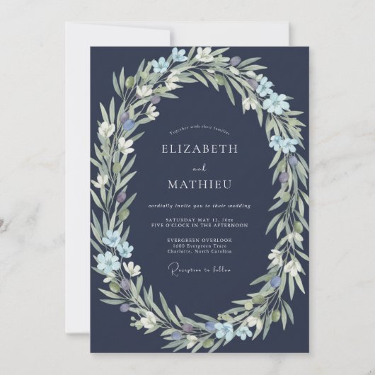 Marineblaue Indigo-Blatt-Hochzeit Einladung (Vorderseite)