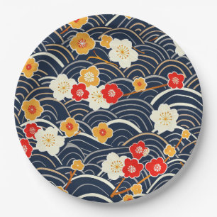 Marineblaue Japanische Welle Pflaumenblüten Blumen Pappteller