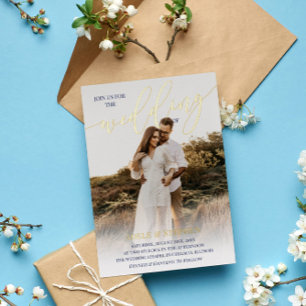 Marineblaue 'Join Us' Goldschrift Foto-Hochzeit Folieneinladung