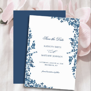Marineblaue klassische Vintage-Blumengarten-Hochze Save The Date