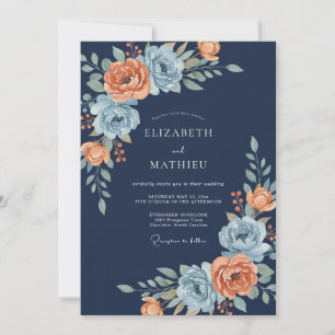 Marineblaue Korallen-Blumenstrauß-Hochzeit Einladung
