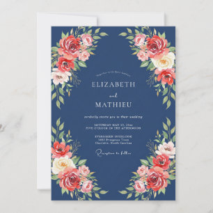 Marineblaue Korallenblüten-Hochzeit Einladung