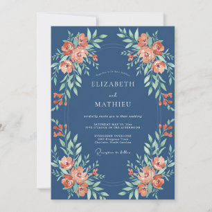 Marineblaue korallenfarbene botanische Hochzeit mi Einladung
