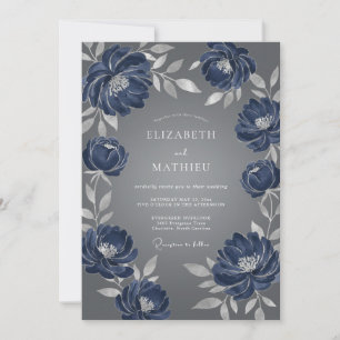 Marineblaue künstlerische Blütenhochzeit Einladung
