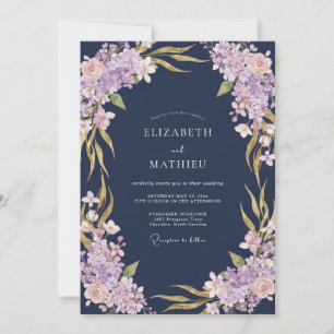 Marineblaue Lavendel-Blütenhochzeit Einladung