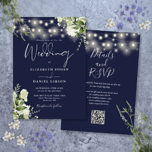Marineblaue Lichterkette Florale QR-Code-Hochzeit Einladung