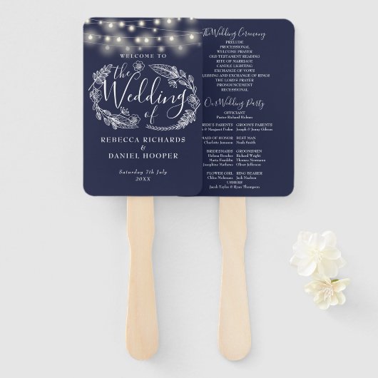 Marineblaue Lichterkette Hochzeitsprogramm Fächer (Vorne und Hinten)