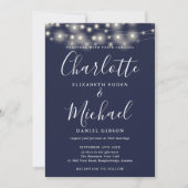 Marineblaue Lichterkette Skript Foto-Hochzeit Einladung (Vorderseite)