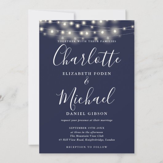 Marineblaue Lichterkette Skript Foto-Hochzeit Einladung (Vorderseite)