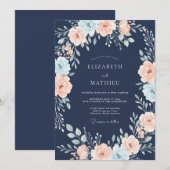 Marineblaue malerische Blumenhochzeit Einladung (Vorne/Hinten)