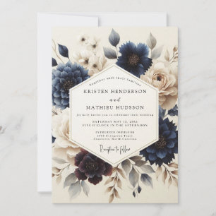 Marineblaue malerische Blumige Hochzeit Einladung