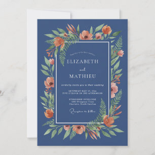 Marineblaue malerische Floral Romance-Hochzeit Einladung
