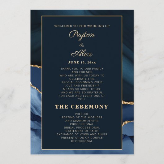 Marineblaue Marmor-Hochzeitsprogramm Brautparty Programm (Vorderseite)