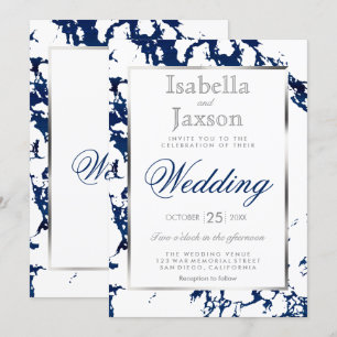 Marineblaue Marmor, Silber & Weiße Einladung