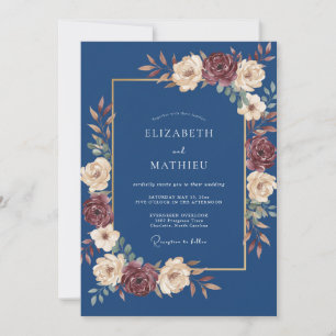 Marineblaue melancholische Blumen Hochzeit im Herb Einladung