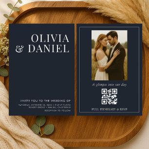 Marineblaue minimalistische Foto-QR-Code-Hochzeit Einladung