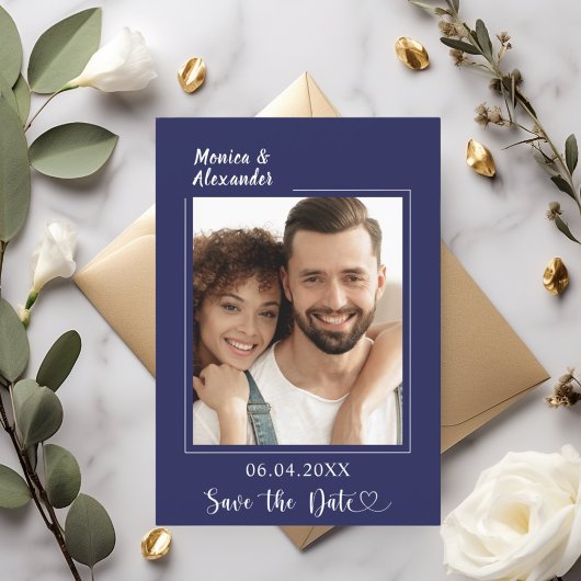 Marineblaue moderne Foto-Hochzeit Save the Date