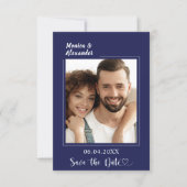 Marineblaue moderne Foto-Hochzeit Save the Date (Vorderseite)