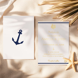 Marineblaue Navy Blau Weiße Anker Hochzeit Gold Folieneinladung