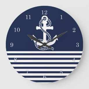 Marineblaue Navy Blau Weiße Streifen und weißer An Große Wanduhr