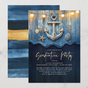 Marineblaue Navy- und Goldene-Anker-Abschlussfeier Einladung