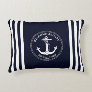 Marineblaue Navy Weiß Anker Streifen Bootsname Dekokissen