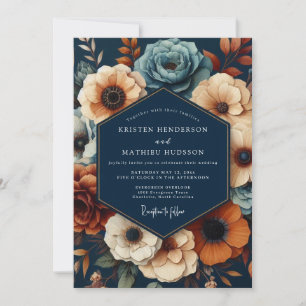 Marineblaue opulente Hochzeit mit tiefen Blumen Einladung