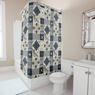 Marineblaue Patchworkdecke Rustikale Blumen Retro Duschvorhang