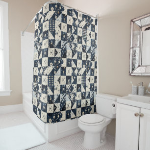 Marineblaue Patchworkdecke Rustikale Blumen Retro Duschvorhang