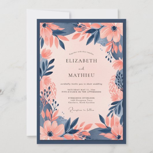 Marineblaue Pfirsich-Kühne Blumenhochzeit Einladung (Vorderseite)
