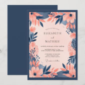 Marineblaue Pfirsich-Kühne Blumenhochzeit Einladung (Vorne/Hinten)