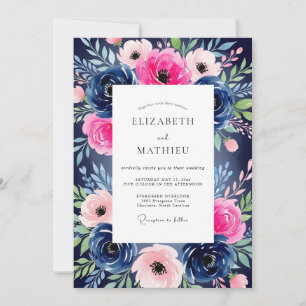 Marineblaue Pink Bloom Romantik-Hochzeit Einladung