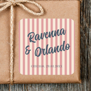 Marineblaue Retro-Rosa-Streifen-Hochzeit Quadratischer Aufkleber