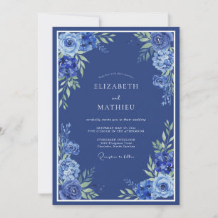 Marineblaue Romantische Blumige Hochzeit Einladung