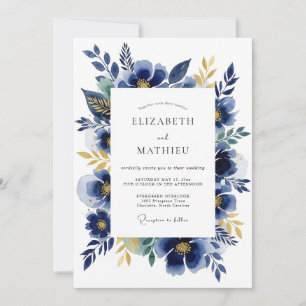 Marineblaue romantische Hochzeitsblumen Einladung