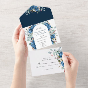 Marineblaue Rosa Staubige Florale Hochzeit All In One Einladung