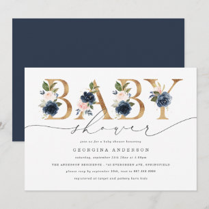 Marineblaue Rosé-Blumen-Baby-Shower-Einladung Einladung
