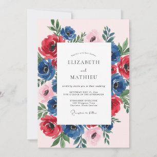 Marineblaue Rubinblüten-Hochzeit im Frühling Einladung