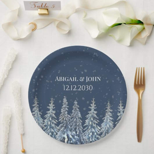 Marineblaue rustikale Winterwald-Hochzeit Pappteller (Hochzeit)