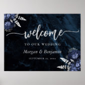 Marineblaue Silber Blumen Hochzeit Willkommen Poster (Vorne)