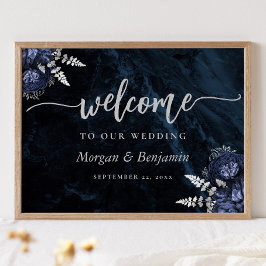 Marineblaue Silber Blumen Hochzeit Willkommen Poster