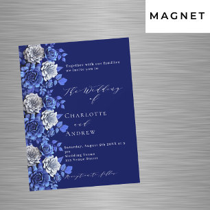Marineblaue silberne Blumenschrift Luxus-Hochzeit Magneteinladung