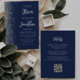 Marineblaue silberne Glitter-Schrift-QR-Code-Hochz Einladung