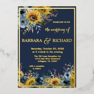 Marineblaue Sonnenblumen-Blumenhochzeit Gold Folieneinladung