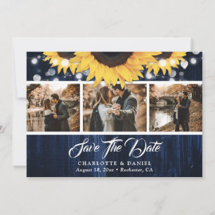 Marineblaue Sonnenblumen-Holz-Lichter Hochzeitsfot Save The Date