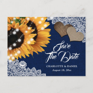 Marineblaue Sonnenblumen-Jute-Hochzeit Termin vorm Ankündigungspostkarte