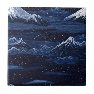 Marineblaue Sternennacht-Landschaft mit Schneeberg Fliese