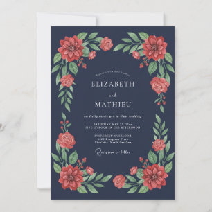 Marineblaue Stimmungsvolle Botanische Hochzeit Einladung