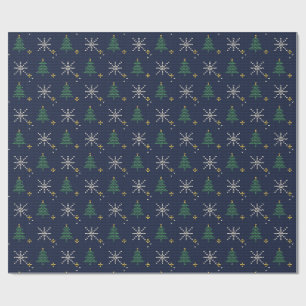 Marineblaue Strick-Weihnachtsbäume Schneeflocken Geschenkpapier